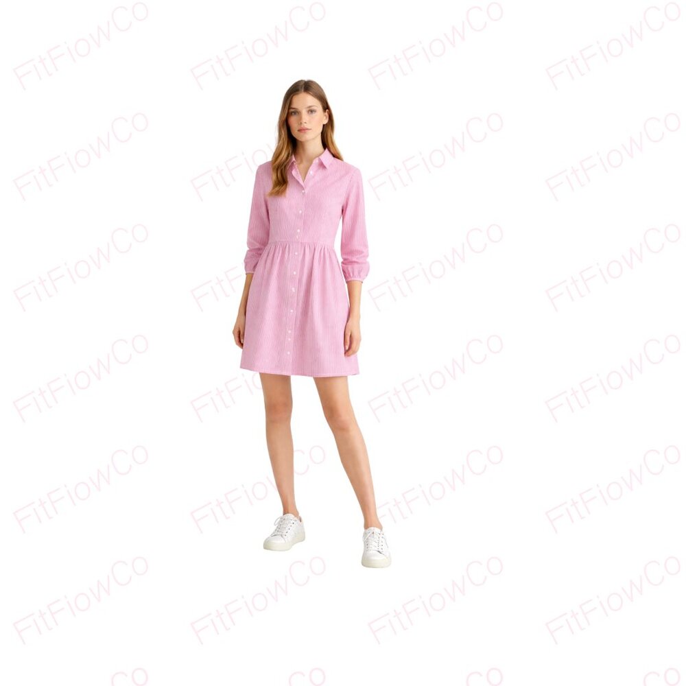 J.Crew Pink White Striped Shirt Dress Button Front Cotton Stretch Long Sleeve Si